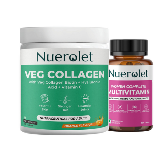Nuerolet Women’s Wellness Combo – includes Veg Collagen for radiant skin, hair, and joint support, and Women’s Multivitamin with essential vitamins, minerals, and herbs for energy, immunity, and hormonal balance.