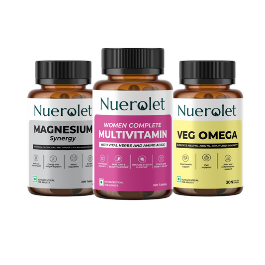 Nuerolet supplement trio – Veg Omega, woMen’s Complete Multivitamin, and Magnesium Synergy – clean-label vegetarian tablets and softgels for heart health, brain function, muscle recovery, and better sleep