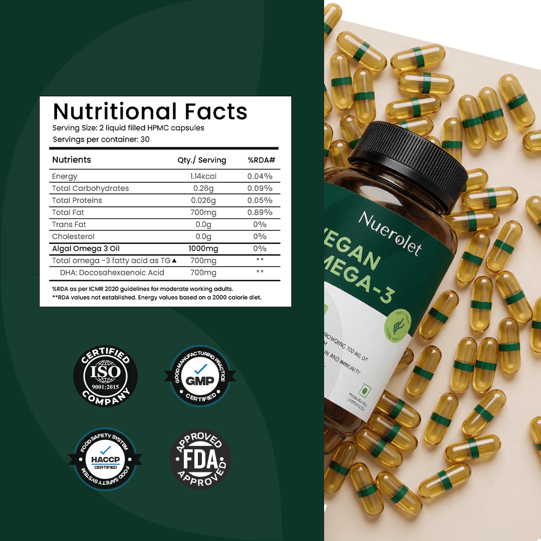 Nuerolet Vegan Omega 3 Algal Oil | 700mg High Potency DHA - nuerolet veg omega 3