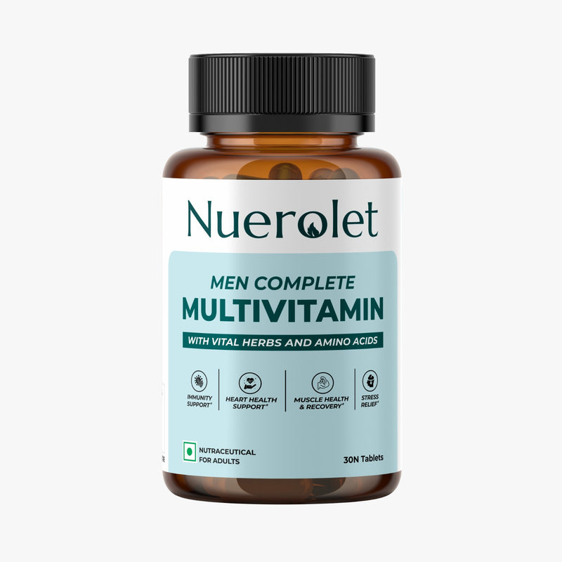Nuerolet Men’s Complete Multivitamin – daily vegetarian tablets with essential vitamins, minerals, herbs, and amino acids to support stamina, muscle recovery, immunity, heart health, and overall wellness.