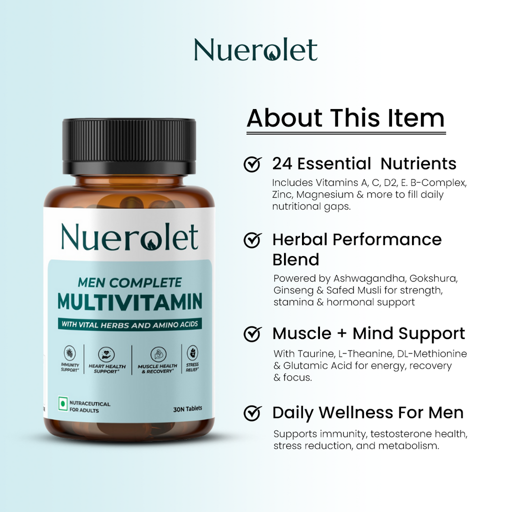 Nuerolet Men Complete Multivitamin bottle with product details on a light blue background