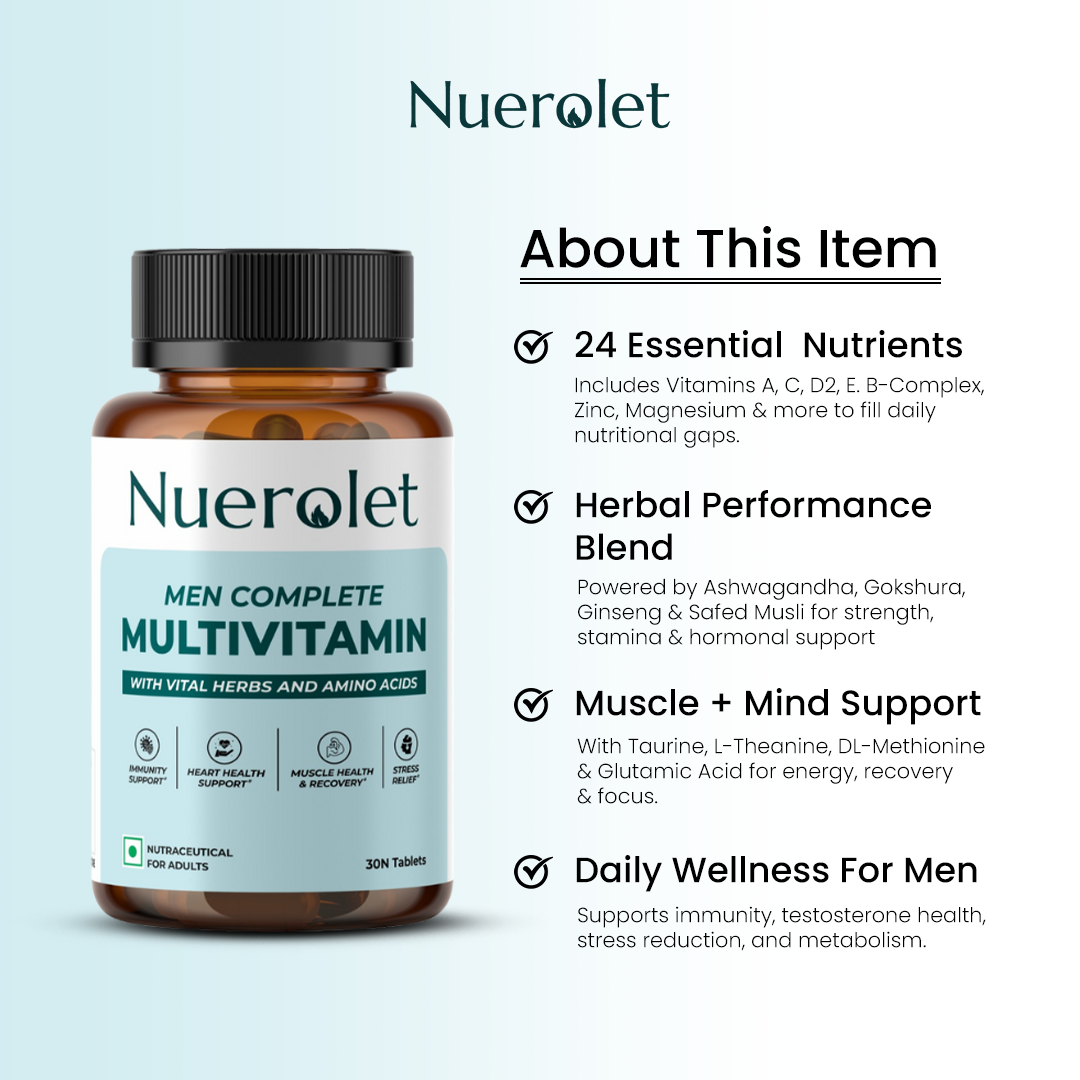 Nuerolet Men Complete Multivitamin bottle with product details on a light blue background