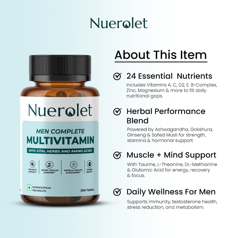Nuerolet Men Complete Multivitamin bottle with product details on a light blue background