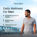 Man with earphones standing outdoors with Nuerolet Daily Wellness For Men advertisement text overlay.
