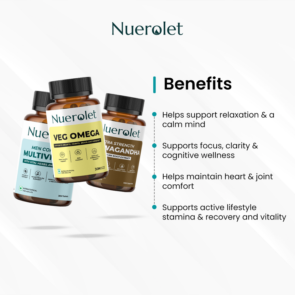 Nuerolet supplement bottles with benefits listed on a white background