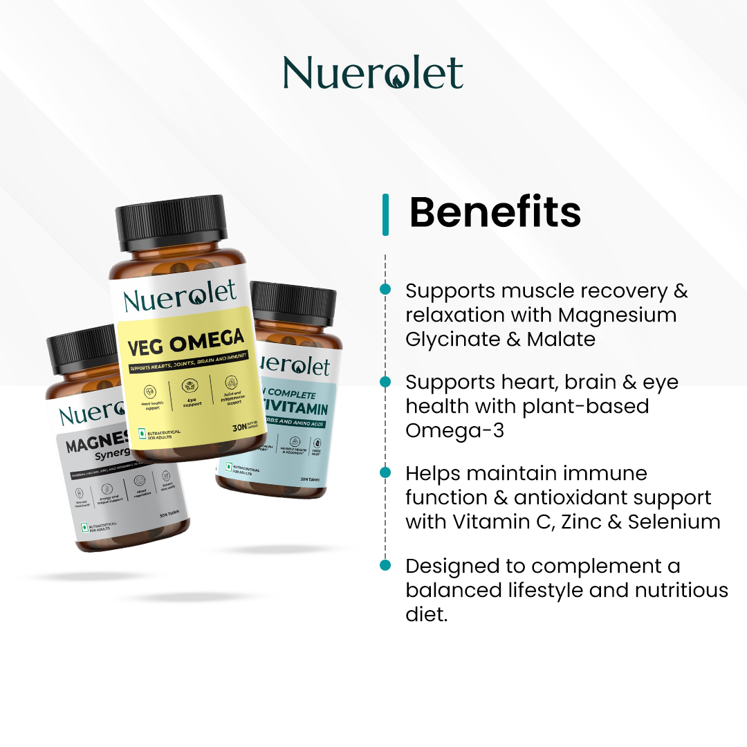 Nuerolet supplement bottles with benefits listed on a white background