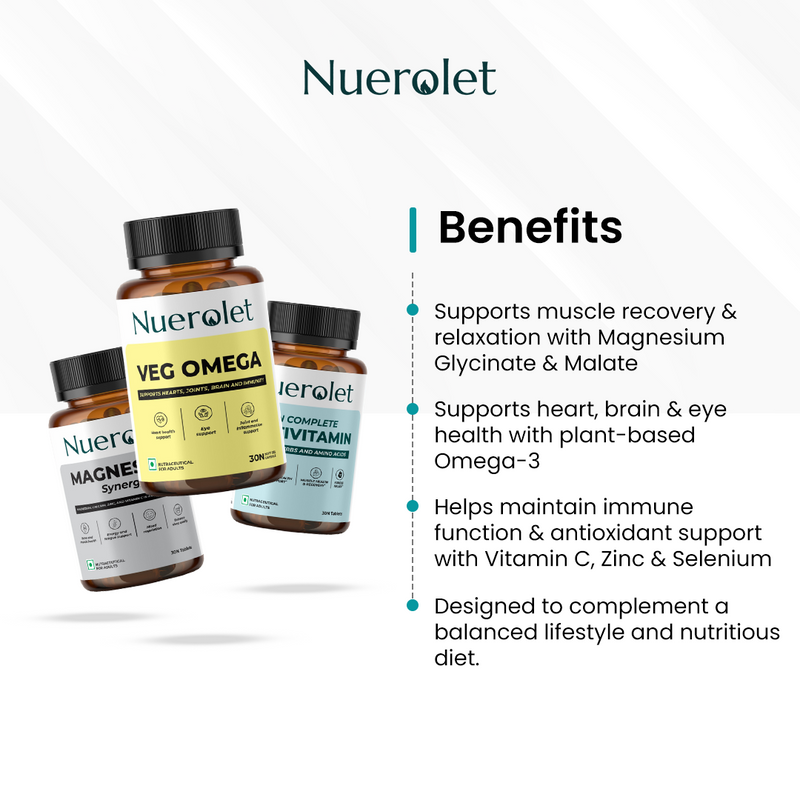 Nuerolet supplement bottles with benefits listed on a white background