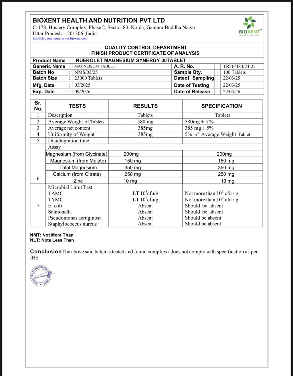 Quality control certificate for Nutrileaf Magnesium Tablets on a white background