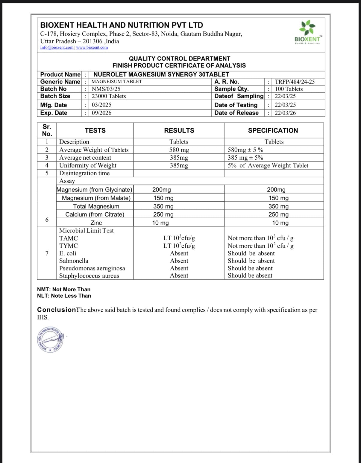 Quality control certificate for Nutrileaf Magnesium Tablets on a white background