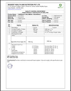 Quality control certificate for a dietary supplement from Bixent Health and Nutrition Pvt Ltd