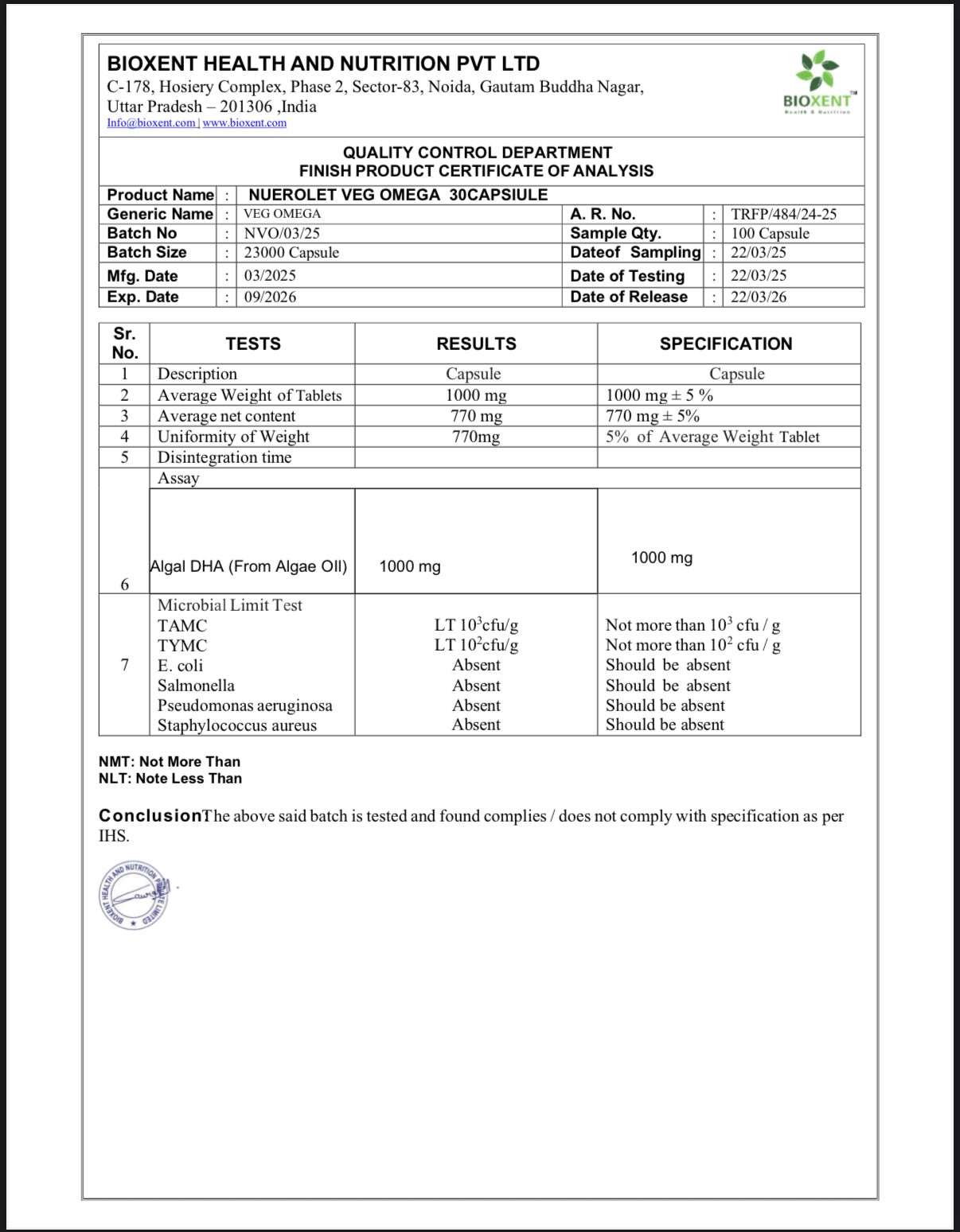 Quality control certificate for a dietary supplement from Bixent Health and Nutrition Pvt Ltd