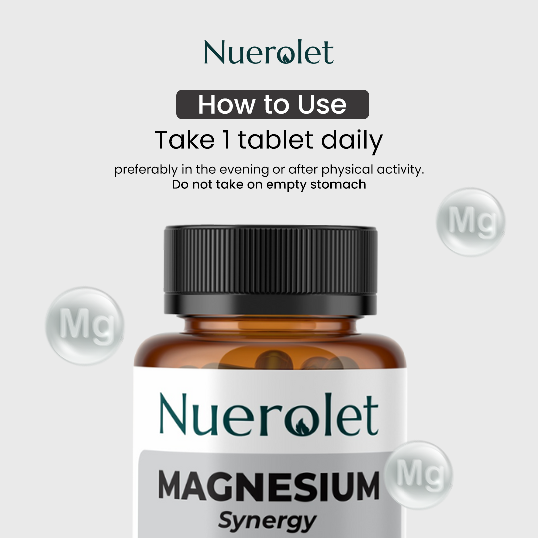 Nuerolet magnesium supplement bottle with usage instructions on a light gray background