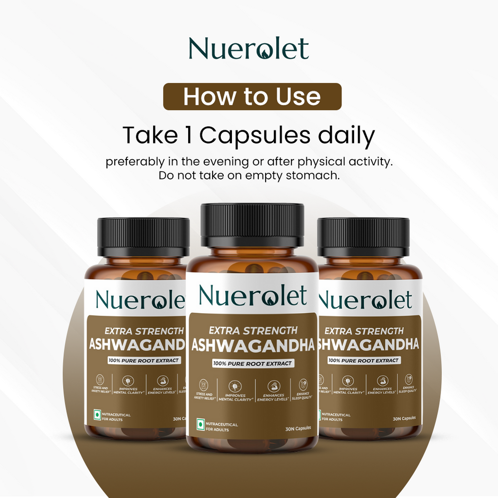 Three bottles of Nuerolet Extra Strength Ashwagandha on a white background with text on how to use the product.