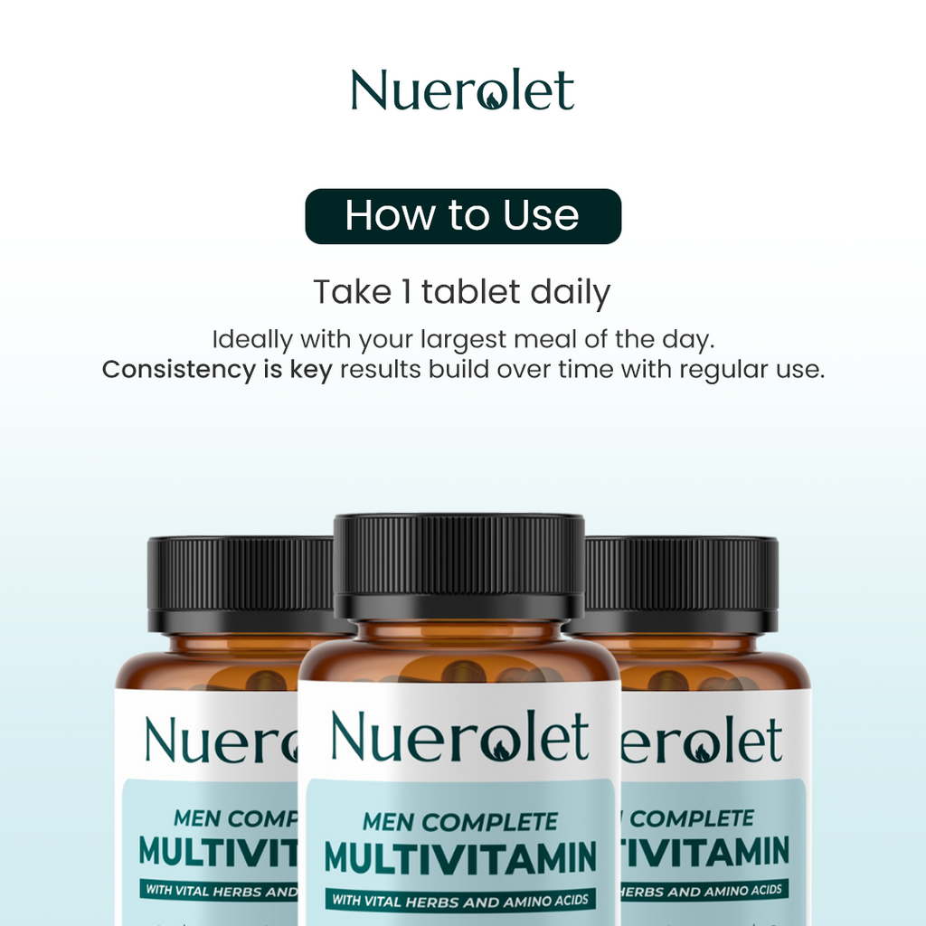 Nuerolet men's multivitamin bottles with usage instructions on a light blue background