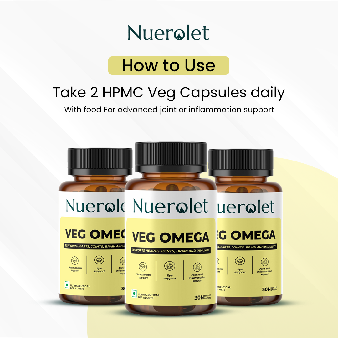 Three bottles of Nuerolet Veg Omega supplements on a light background with instruction on how to take