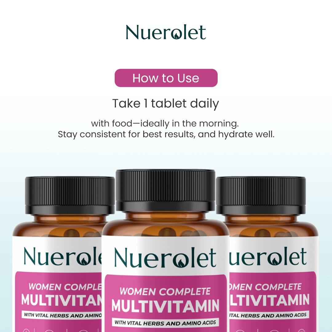 Nuerolet Women's Complete Multivitamin bottles with usage instructions on a light blue background