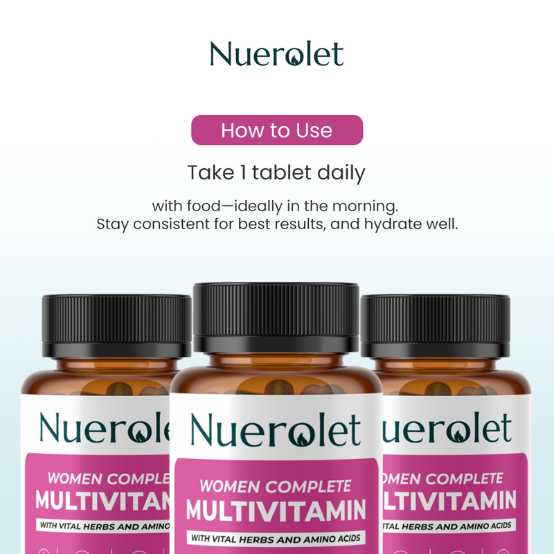 Nuerolet Women's Complete Multivitamin bottles with usage instructions on a light blue background