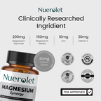 Nuerolet magnesium supplement bottle with ingredient details and certification logos on a white background