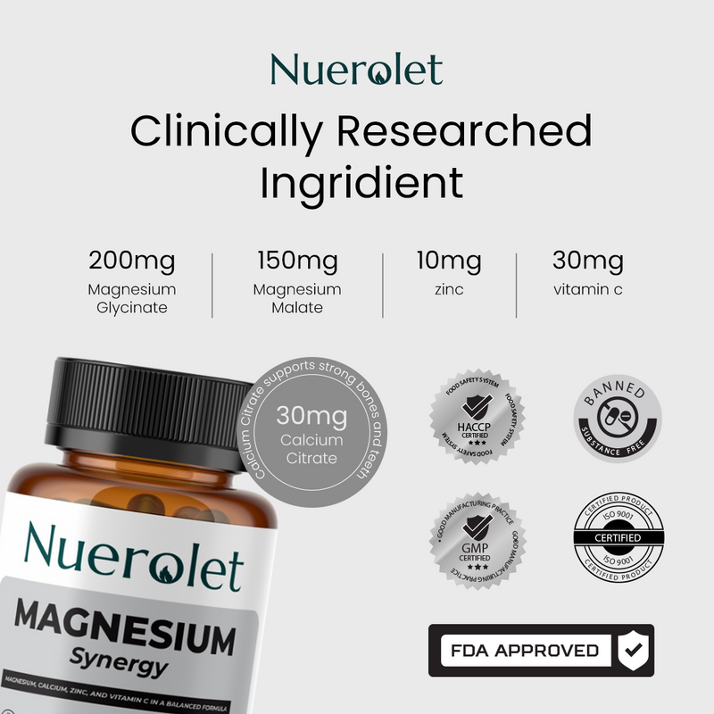 Nuerolet magnesium supplement bottle with ingredient details and certification logos on a white background
