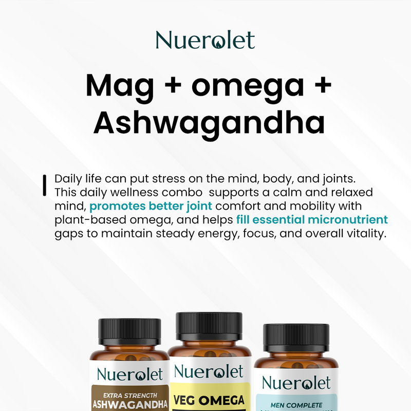 Nuerolet supplement bottles with text about their benefits on a white background