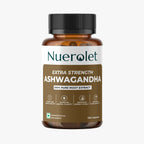 "Nuerolet Extra Strength Ashwagandha – 100% pure root extract capsules designed to reduce stress, boost stamina, support mood balance, and improve sleep quality.