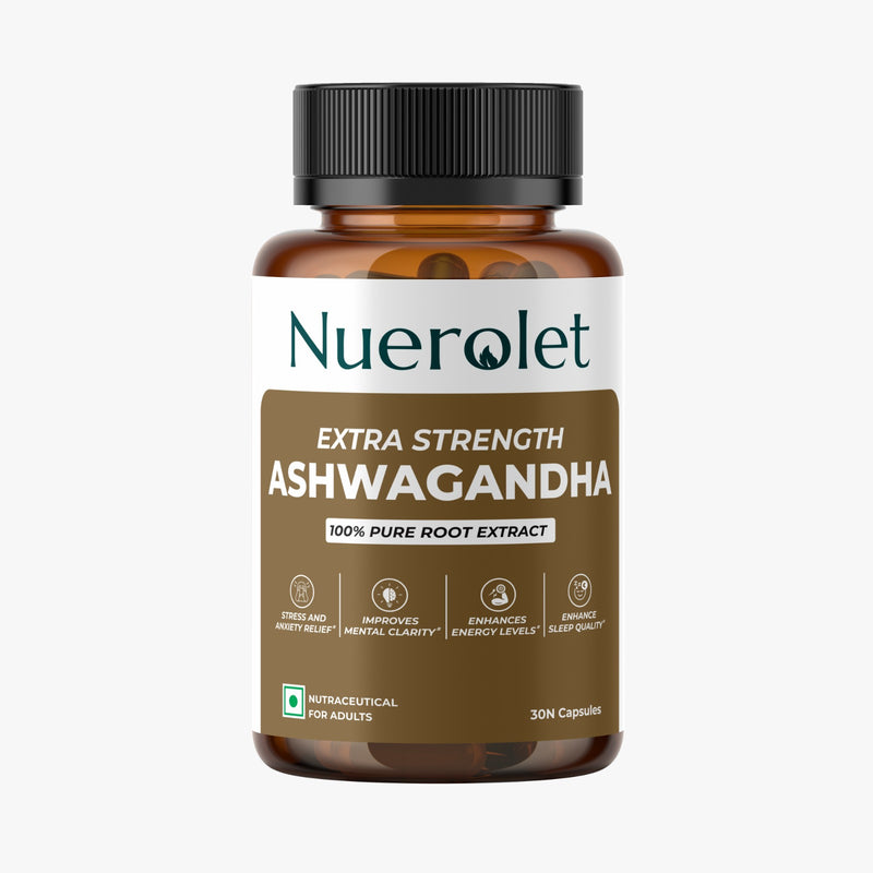 "Nuerolet Extra Strength Ashwagandha – 100% pure root extract capsules designed to reduce stress, boost stamina, support mood balance, and improve sleep quality.