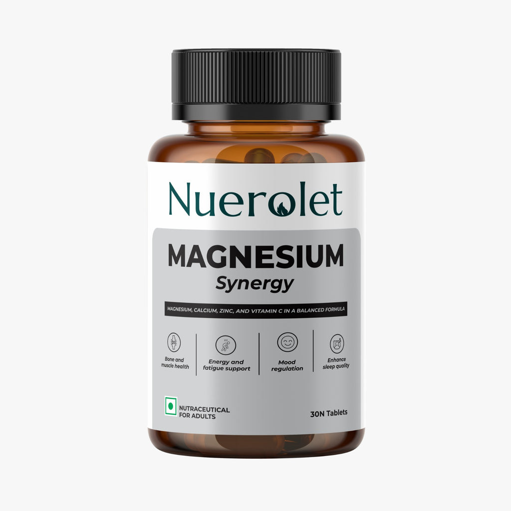 Nuerolet Magnesium Synergy – calming blend of magnesium glycinate and malate with calcium and zinc to support better sleep, muscle recovery, bone strength, and stress relief