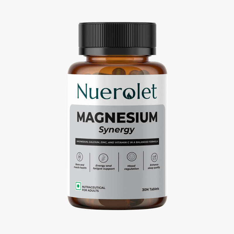 Nuerolet Magnesium Synergy – calming blend of magnesium glycinate and malate with calcium and zinc to support better sleep, muscle recovery, bone strength, and stress relief