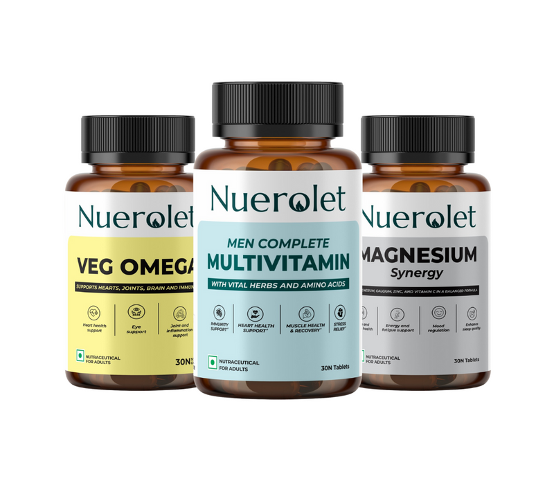 "Nuerolet supplement trio – Veg Omega, Men’s Complete Multivitamin, and Magnesium Synergy – clean-label vegetarian tablets and softgels for heart health, brain function, muscle recovery, and better sleep."