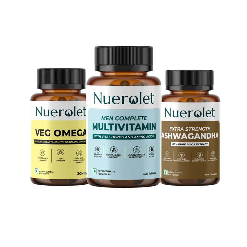 Nuerolet supplement bundle featuring Veg Omega, Men’s Complete Multivitamin, and Extra Strength Ashwagandha – vegetarian capsules and tablets supporting heart health, immunity, stress relief, joint care, and stamina