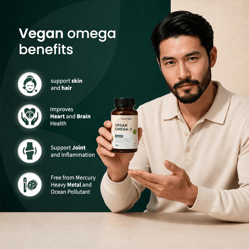 Nuerolet Vegan Omega 3 Algal Oil | 195mg EPA + 520mgDHA - nuerolet 715mg veg omega 3