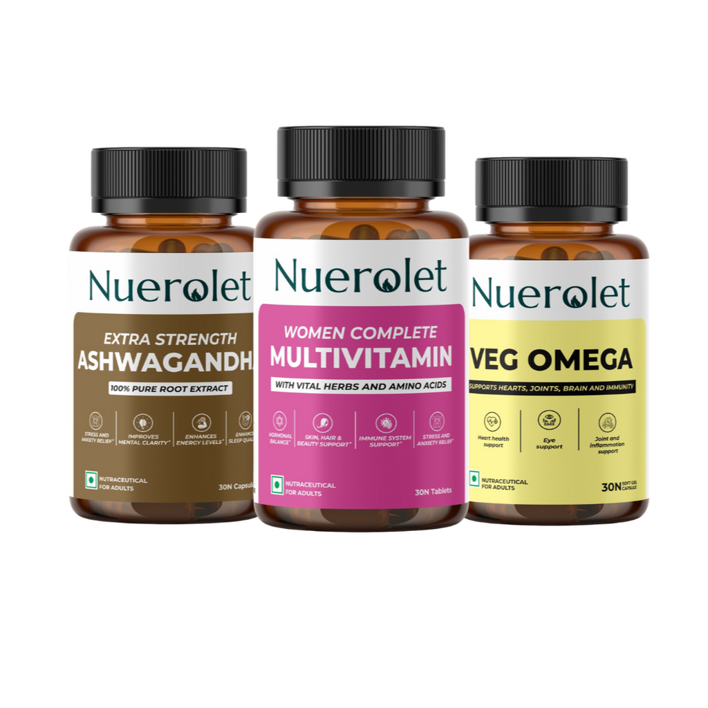 Nuerolet supplement bundle featuring Veg Omega, women’s Complete Multivitamin, and Extra Strength Ashwagandha – vegetarian capsules and tablets supporting heart health, immunity, stress relief, joint care, and stamina.