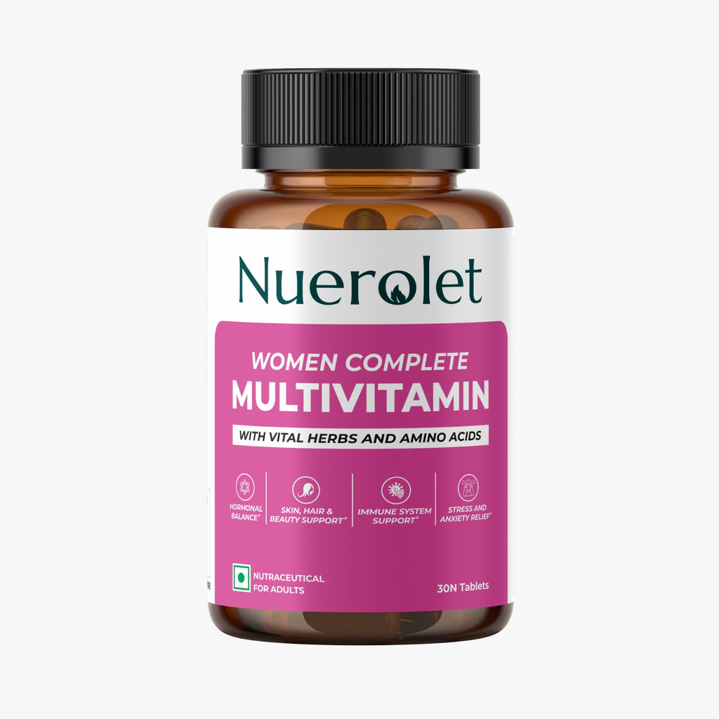 Nuerolet Women’s Complete Multivitamin – vegetarian formula with vital herbs, iron, calcium, and essential vitamins to support energy, hormonal balance, immunity, and bone health in women.