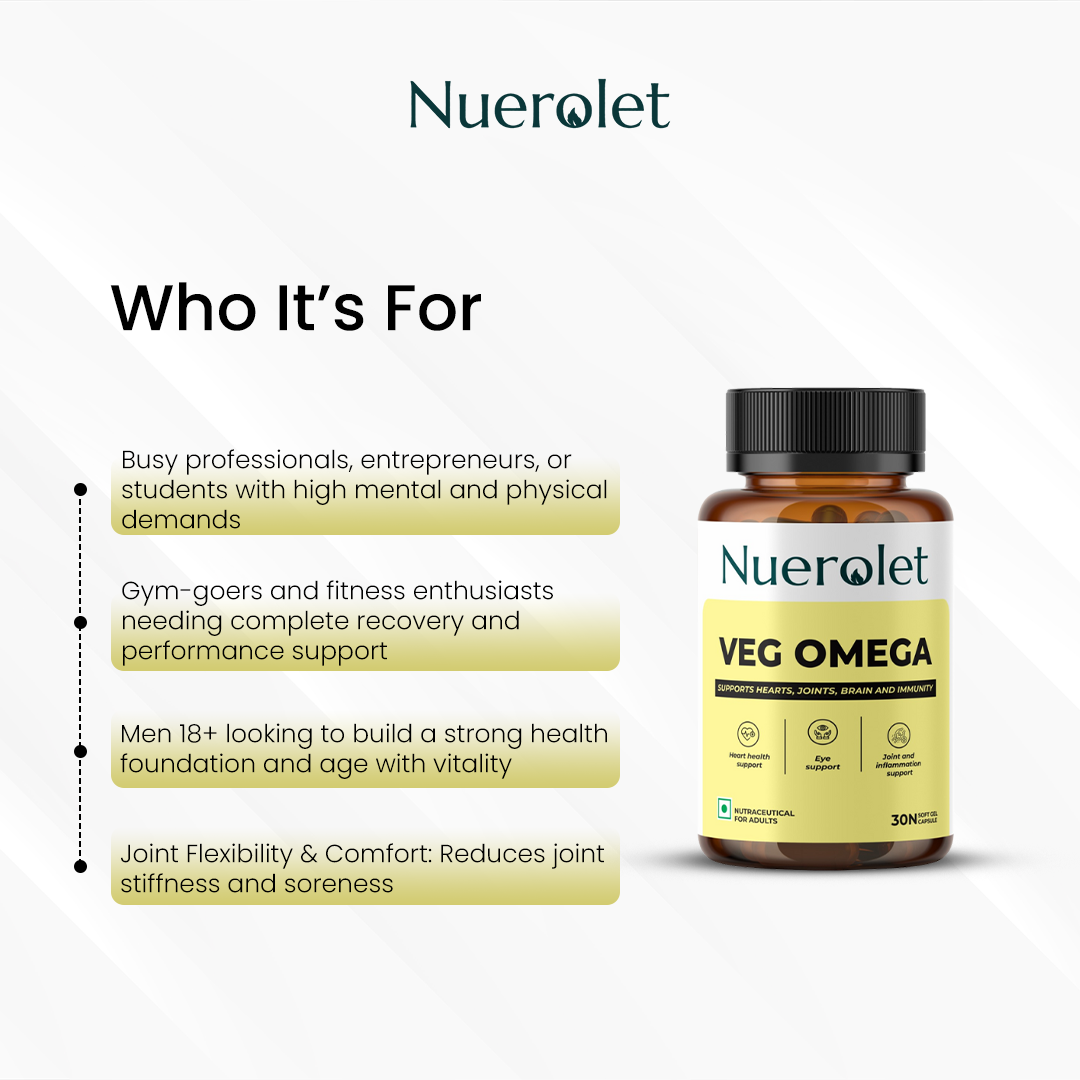 Nuerolet Veg Omega supplement bottle with target audience description on a white background