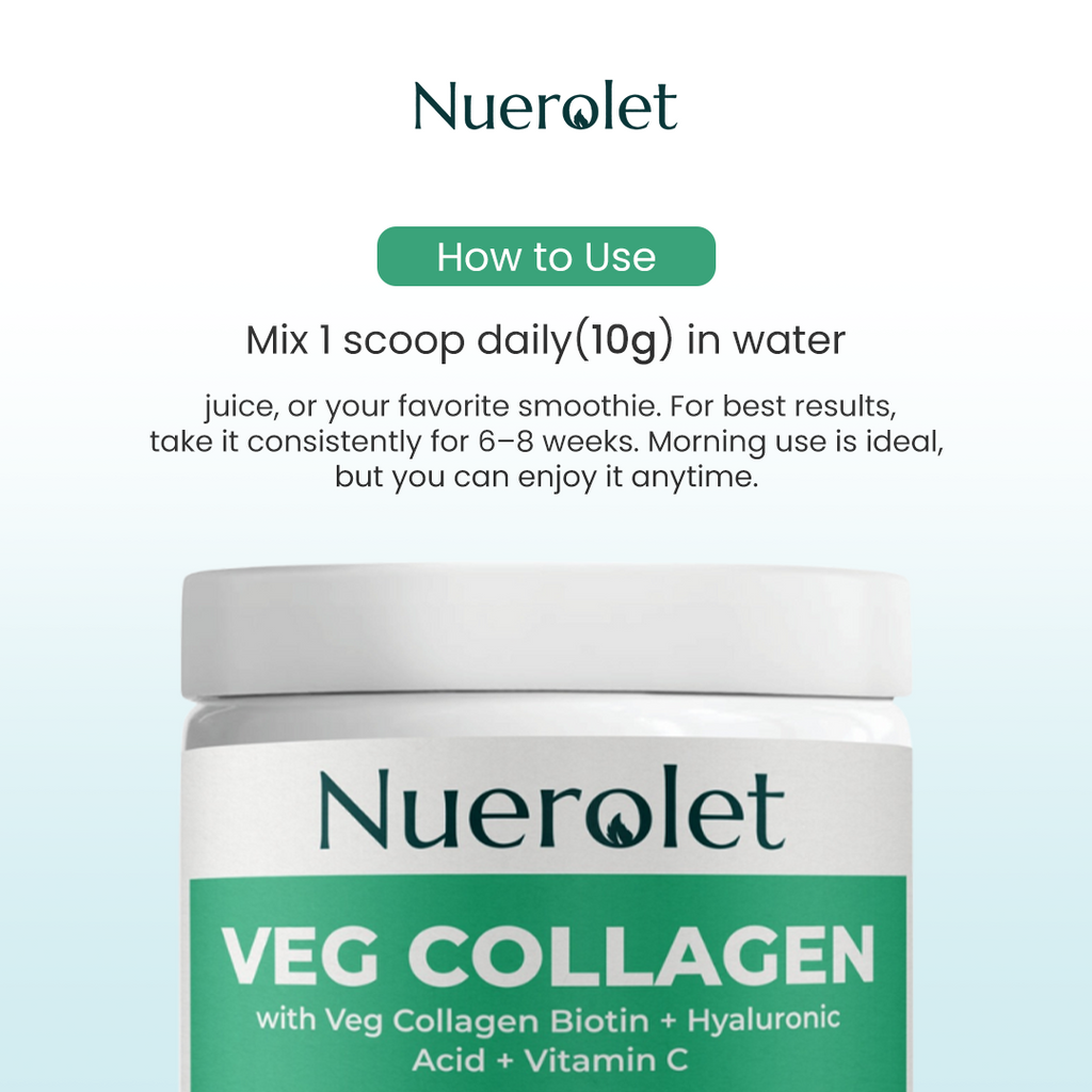 Nuerolet Veg Collagen container with usage instructions on a light blue background