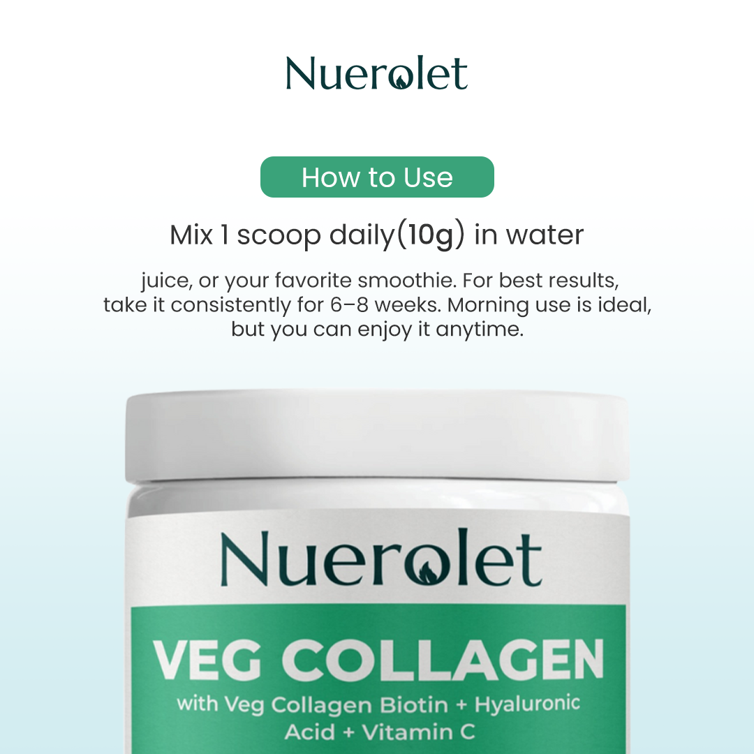 Nuerolet Veg Collagen container with usage instructions on a light blue background