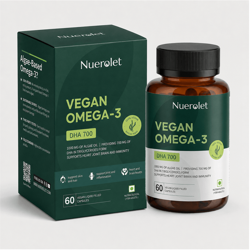 Nuerolet Vegan Omega 3 Algal Oil | 700mg High Potency DHA - nuerolet veg omega 3
