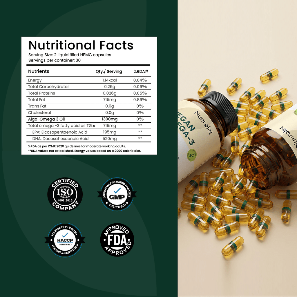Nuerolet Vegan Omega 3 Algal Oil | 195mg EPA + 520mgDHA - nuerolet 715mg omega3