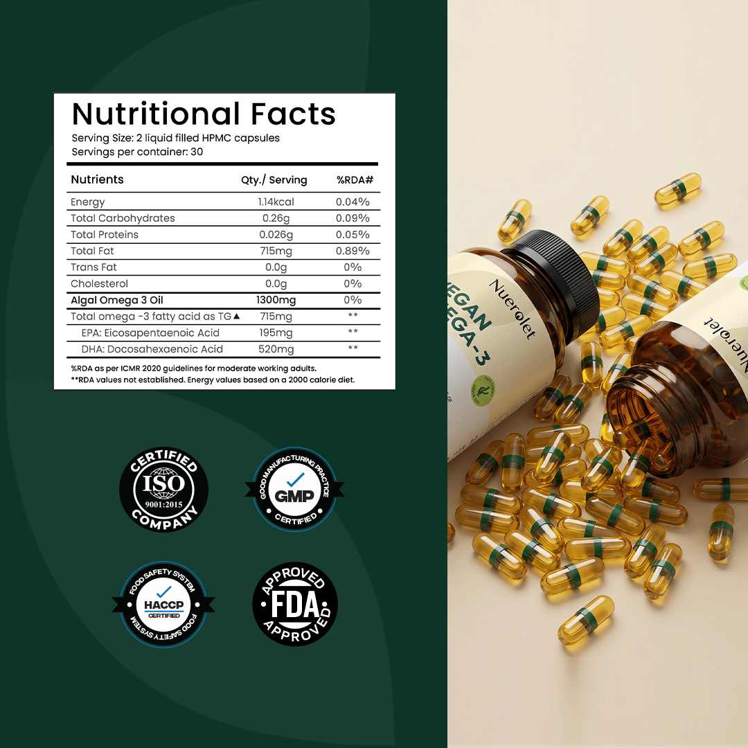Nuerolet Vegan Omega 3 Algal Oil | 195mg EPA + 520mgDHA - nuerolet 715mg omega3