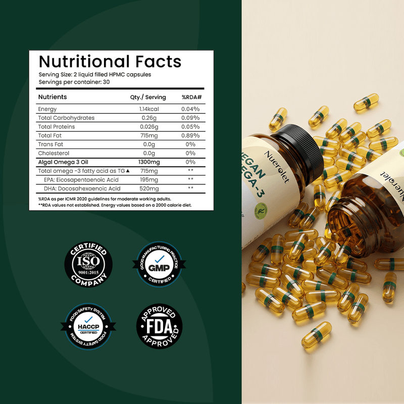 Nuerolet Vegan Omega 3 Algal Oil | 195mg EPA + 520mgDHA - nuerolet 715mg omega3