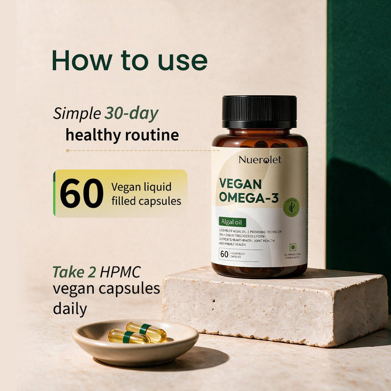 Nuerolet Vegan Omega 3 Algal Oil | 195mg EPA + 520mgDHA - nuerolet 715mg omega3