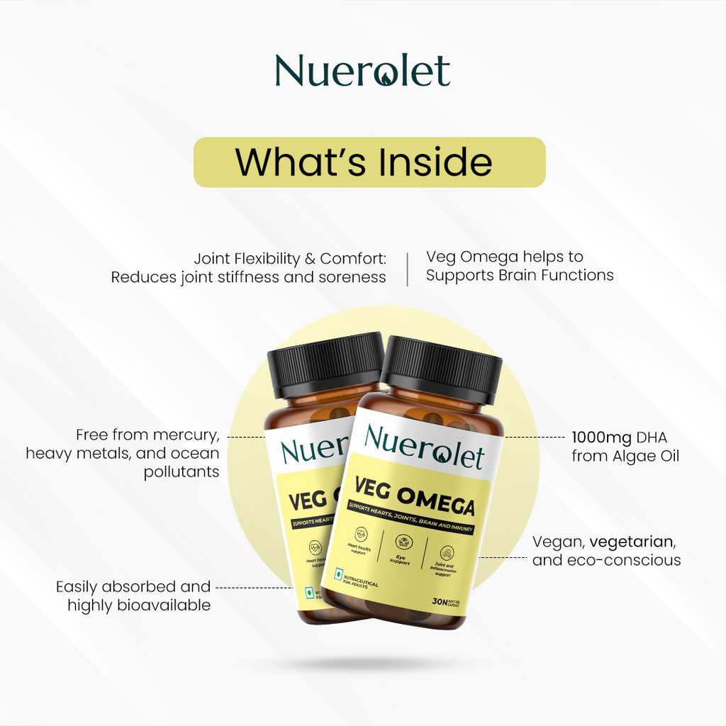 Nuerolet Veg Omega supplement bottles with features highlighted on a white background