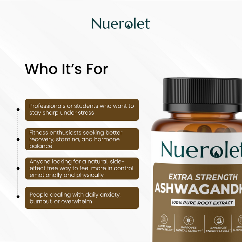 Nuerolet Extra Strength Ashwagandha supplement bottle with target audience information on a white background