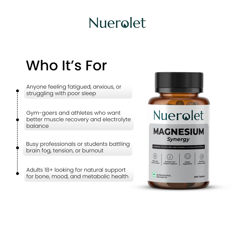 Nuerolet Magnesium Synergy supplement bottle with text on a white background