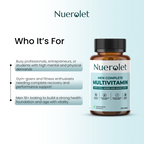 Nuerolet Men Complete Multivitamin bottle on a light blue background with text about target audience.