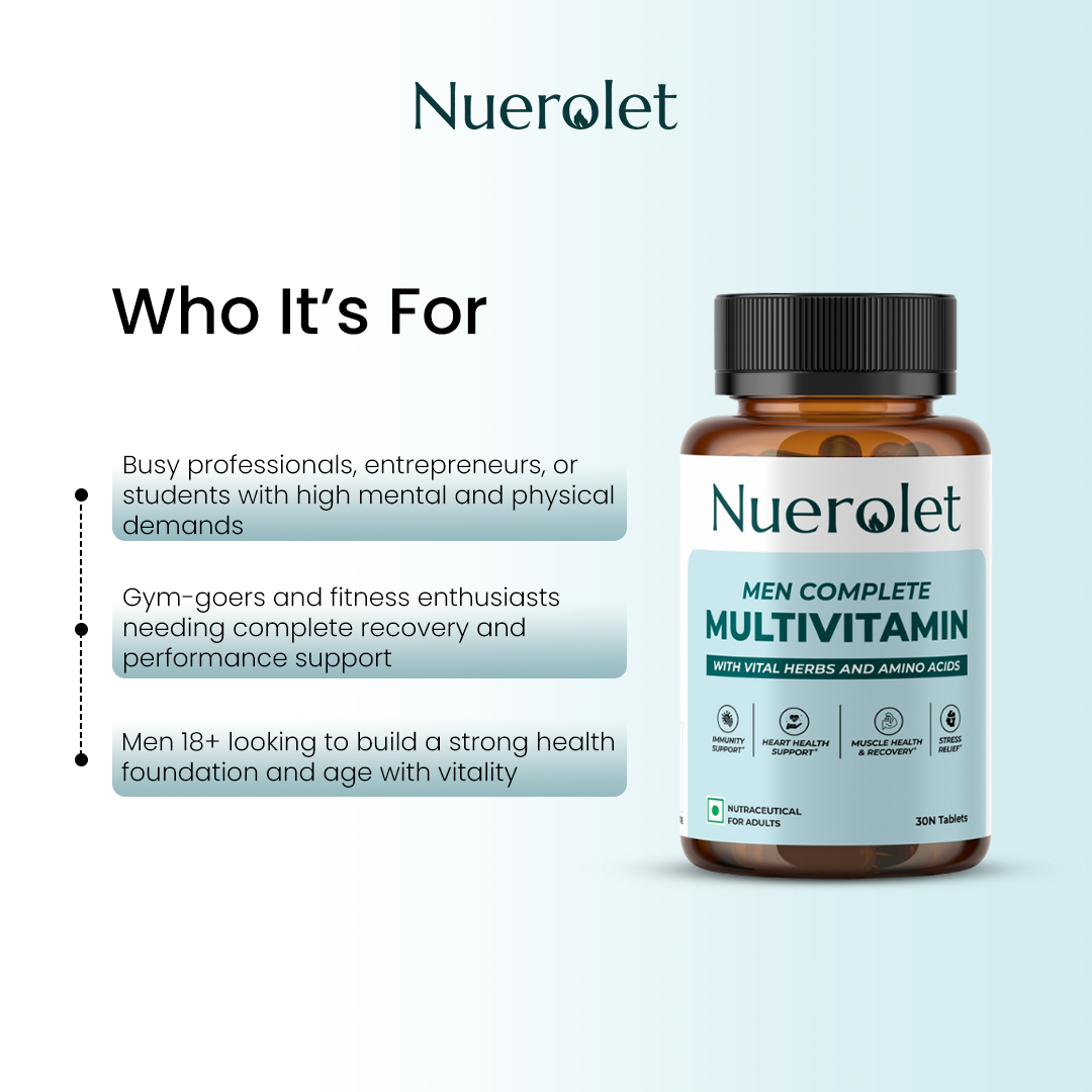 Nuerolet Men Complete Multivitamin bottle on a light blue background with text about target audience.