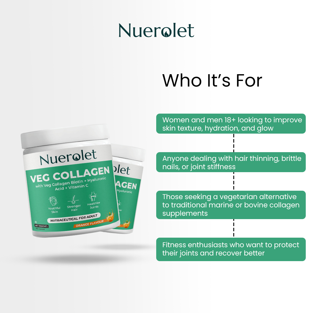 Nuerolet Veg Collagen supplement containers with target audience information on a white background